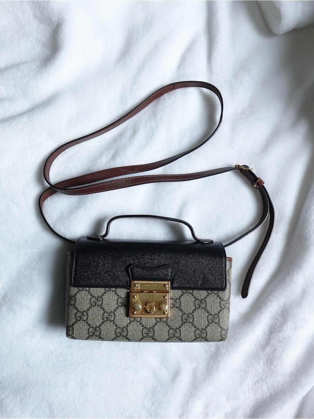 Gucci GG Supreme Monogram Calfskin Mini Padlock Top Handle Shoulder Bag